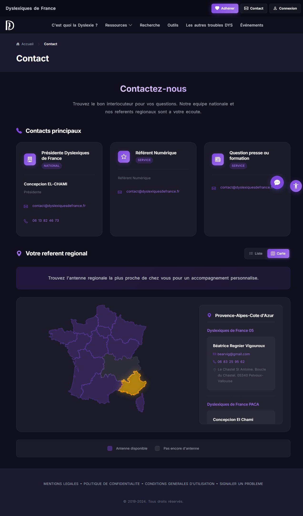 Page contact avec carte de France interactive